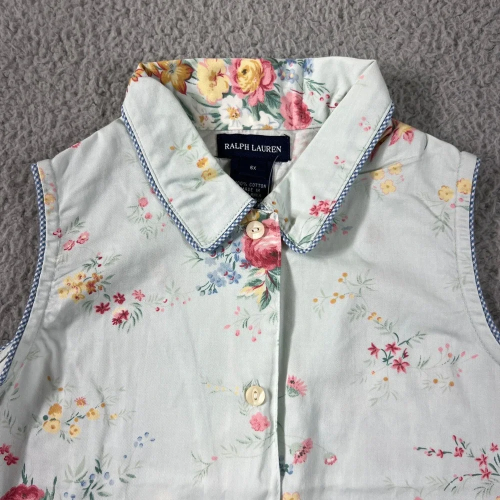 Ralph Lauren Avignon Shirt Girls 6X Mint Green Floral Sleeveless Cotton Gingham‎